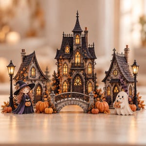 Può includere: Un set di villaggio di Halloween in miniatura con un alto maniero centrale, due case in pietra più piccole e un ponte in pietra. Le strutture hanno finestre gialle luminose, tetti scuri e sono circondate da zucche, una strega e un fantasma.