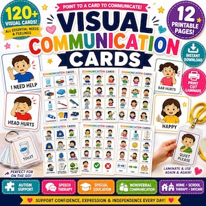 May include: A set of visual communication cards featuring 120+ printable illustrations for needs and feelings. The collection includes individual cards, sheets with grids of icons, and a lanyard-attached card holder for portable use.