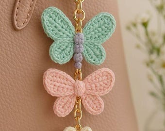 Crochet Butterfly Daisy Keychain, Handmade Bag Charm, Amigurumi Floral Keyring