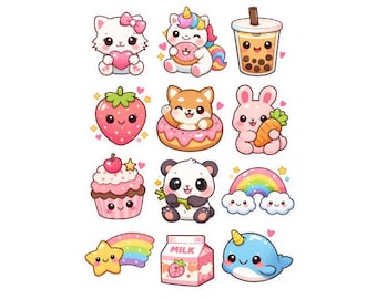 Kawaii Pastel Stickers, Animal Food Decals, Waterproof Vinyl Pack