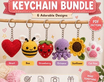 Crochet Keychain Bundle PDF Pattern Set: 6 Kawaii Designs (Digital Download)