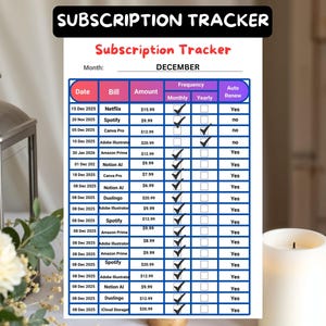 Editable Subscription Tracker | Recurring Bill Planner (A4 Letter PDF)