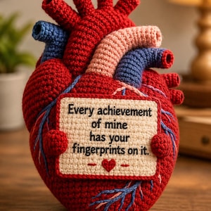 May include: A crocheted anatomical heart in red, blue, and pink yarn. A cream-colored rectangular plaque is attached, with the text "Every achievement of mine has your fingerprints on it." A red heart is below the text.