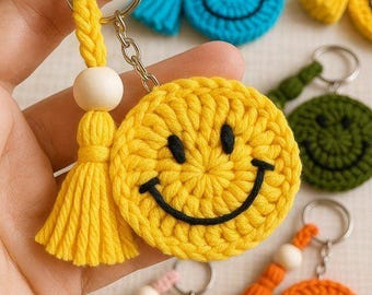 Crocheted Yellow Smiley Face Keychain | Happy Emoji Bag Charm, Tassel Accessory