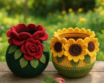 Crochet Flower Basket Pattern | Rose Sunflower Amigurumi Planter PDF (Digital Download)
