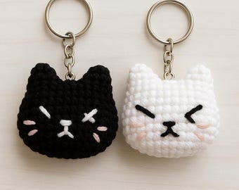 Crochet Cat Keychain Pattern, Kawaii Amigurumi, Black White Plush (PDF Download)