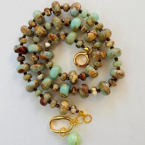 Agate rondelle  Beaded Necklace, Hand Knotted Blue Grey Tones, gold plated  interlocking Clasp