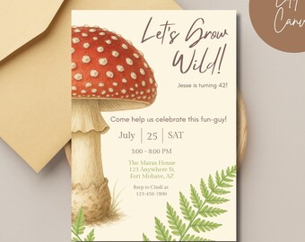 Let's Grow Wild Mushroom Invitation, Fun-guy Invite, Digital Download, Personalized Nature Birthday Invitation, Nature Themed Birthday