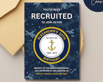 US Navy Inspired Birthday or Retirement Party Invitation, NAVY Invite, Military Themed Invitation, 5x7 Canva Template, Digital Download