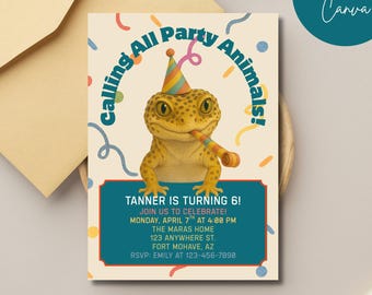Könnte beinhalten: Eine Party-Einladung mit einem Cartoon-Gecko, der einen Partyhut und eine Tröte trägt. Die Einladung lautet "Calling All Party Animals!" und enthält Party-Details. Die Einladung befindet sich auf einem cremefarbenen Hintergrund mit Konfetti.