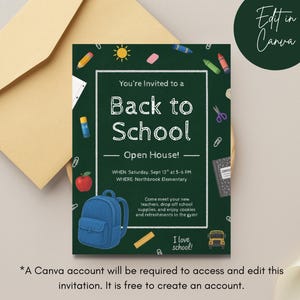 以下が含まれることがあります： 濃い緑色の背景に、学校用品のイラストが描かれた、Back to School Open Houseの招待状です。「You're Invited to a Back to School Open House!」というテキストと青いバックパックのイラストが含まれています。