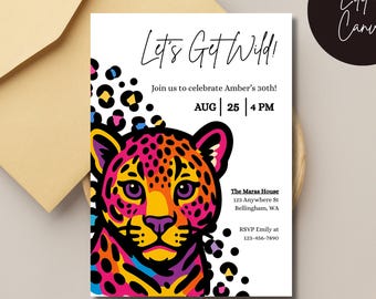 Let's Get Wild Rainbow Leopard Invitation, 90's Birthday, Lisa Frank Inspired. Digital Download. 5x7 Canva Template.