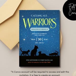 Puede incluir: Una invitación azul con un fondo estrellado y las palabras "Calling All Warriors". Presenta siluetas de gatos negros y detalles del evento. Incluye un sobre beige y un círculo negro que dice "Edit in Canva."
