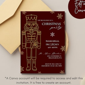 May include: A Christmas party invitation with a burgundy background and gold accents. The invitation features a nutcracker illustration and snowflake designs. Text includes party details and RSVP information. A beige envelope is in the background.