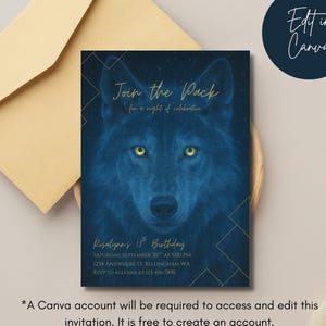 Puede incluir: Una tarjeta de invitación azul oscuro con una ilustración de lobo y texto dorado que dice "Join the Pack". La tarjeta incluye detalles del evento y una nota sobre el uso de Canva para editar. Se incluye un sobre.