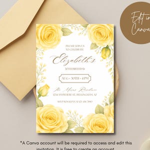 Könnte beinhalten: Eine Geburtstagseinladung mit gelben Rosen und Grün. Die Einladung enthält den Text "Elizabeth's 30th Birthday" und Veranstaltungsdetails. Ein passender Umschlag ist enthalten. Der Text "Edit in Canva" ist ebenfalls vorhanden.