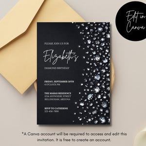 May include: Black invitation card with diamond accents for Elizabeth's Diamond Birthday. The card includes event details and RSVP information. A gold envelope is next to the invitation. The text "Edit in Canva" is in a black circle.