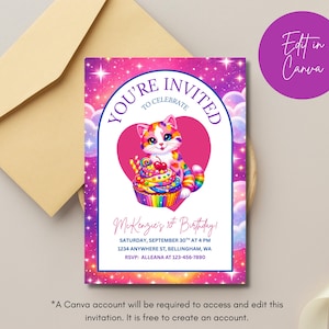 May include: A colorful birthday invitation featuring a cartoon cat holding a cupcake inside a pink heart. The invitation includes the text "You're Invited to Celebrate" and details for McKenzie's 1st birthday. A tan envelope is in the background.