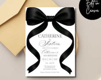 Personalized Black Bow Invitation, Minimalist Black Ribbon Birthday Invite, 5x7 Canva Template, Digital Download, Black and White Invite