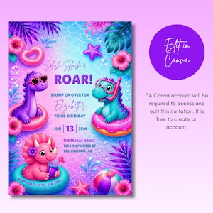Puede incluir: Una vibrante invitaci&oacute;n con tem&aacute;tica de fiesta en la piscina. Presenta tres dinosaurios de dibujos animados en flotadores, rodeados de flores y follaje tropical. El texto incluye "Splash Splash & Roar!" y detalles para el tercer cumplea&ntilde;os de Elizabeth.