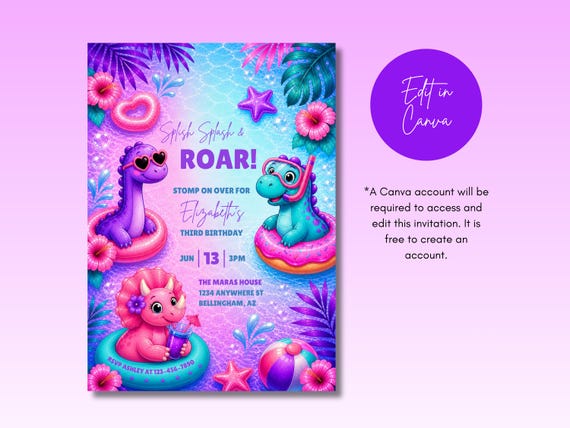 Dinosaur Pool Party Birthday Invitation, Girl Dino Invite, Pink Dinosaur Party, Girl Dinosaur Birthday, Digital 5x7 Canva Template