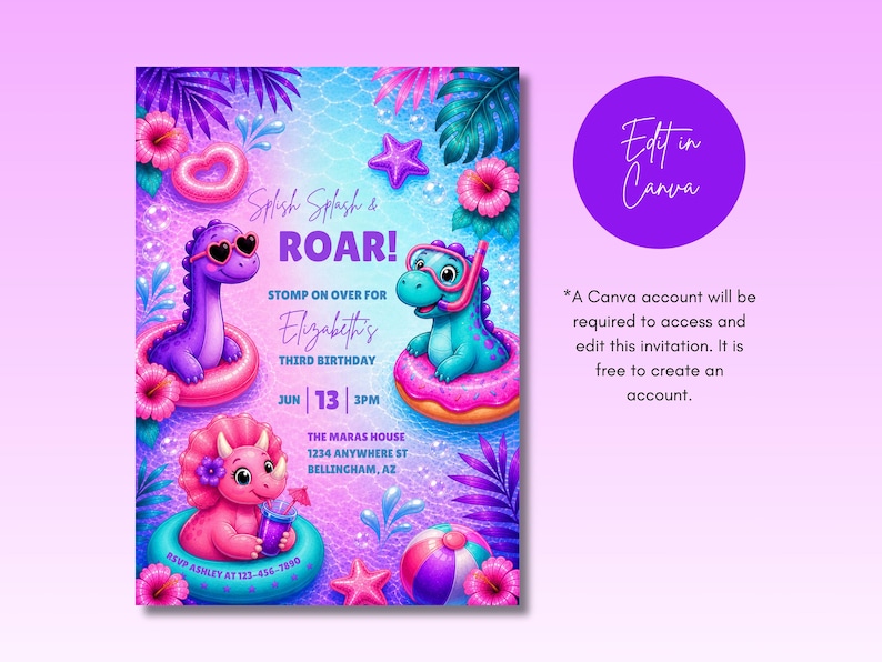 Puede incluir: Una vibrante invitaci&oacute;n con tem&aacute;tica de fiesta en la piscina. Presenta tres dinosaurios de dibujos animados en flotadores, rodeados de flores y follaje tropical. El texto incluye "Splash Splash & Roar!" y detalles para el tercer cumplea&ntilde;os de Elizabeth.