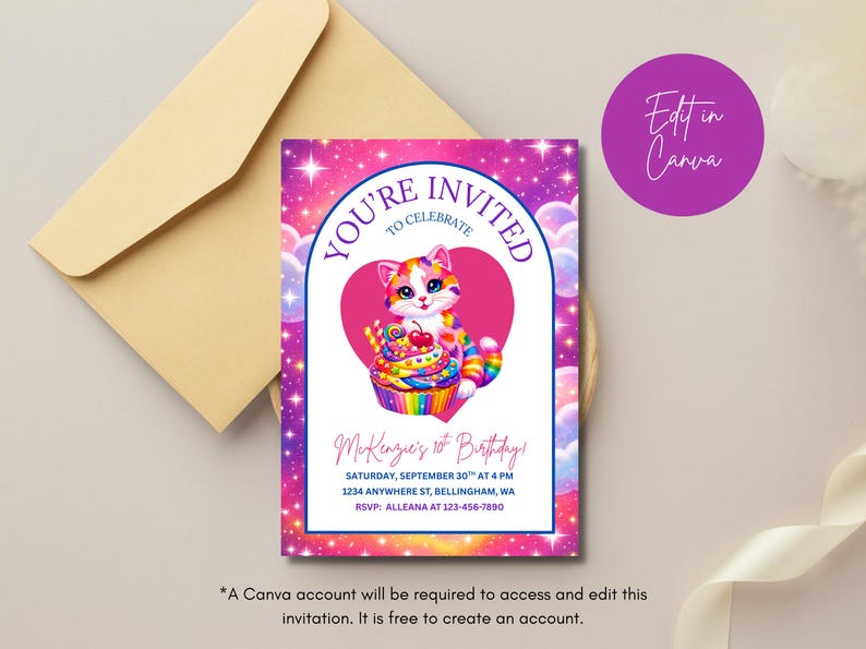 May include: A colorful birthday invitation featuring a cartoon cat holding a cupcake inside a pink heart. The invitation includes the text "You're Invited to Celebrate" and details for McKenzie's 1st birthday. A tan envelope is in the background.