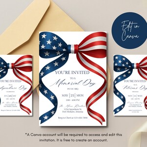 Op de afbeelding: Uitnodigingen met patriottische lintontwerpen in rood, wit en blauw. De uitnodigingen zijn voor Memorial Day, Independence Day en Veterans Day vieringen. De tekst bevat evenementdetails en de zin "You're Invited".