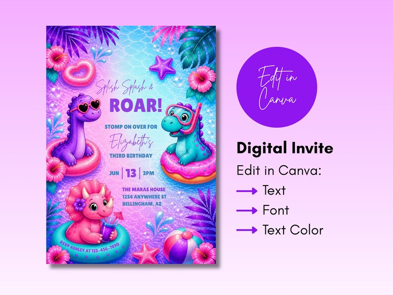 Puede incluir: Una invitaci&oacute;n digital con un dise&ntilde;o vibrante y colorido. La invitaci&oacute;n presenta tres dinosaurios de dibujos animados en flotadores, rodeados de elementos tropicales. El texto incluye "Splash Splash & ROAR!" y "Elizabeth's Third Birthday". Tambi&eacute;n incluye el texto "Edit in Canva".