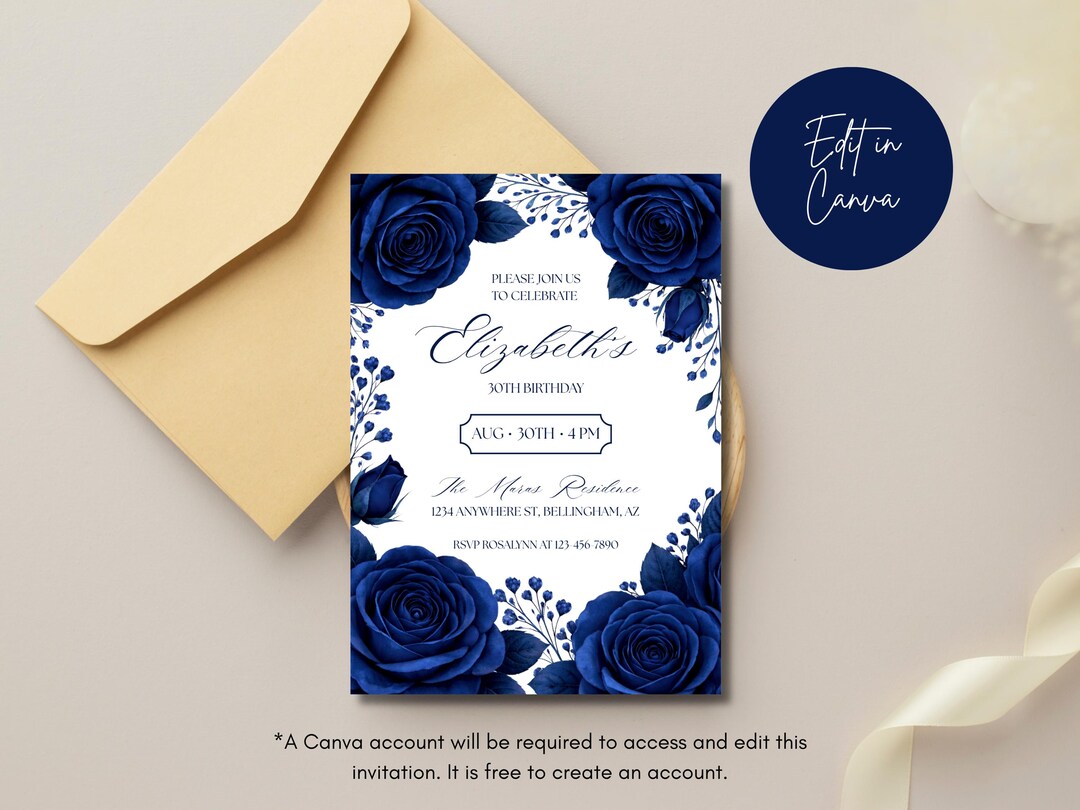 Blue Rose Invitation, Navy Rose Invite for Birthdays, Bachelorette ...