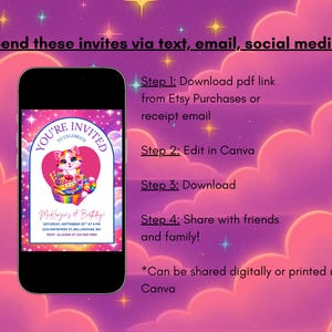 May include: A smartphone displays a colorful invitation design featuring a cat with a rainbow cake, set against a pink and purple cloud background. Text on the invitation reads "You're Invited to Celebrate". Instructions for sharing the invitation are also included.
