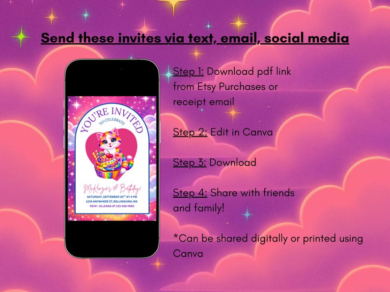 May include: A smartphone displays a colorful invitation design featuring a cat with a rainbow cake, set against a pink and purple cloud background. Text on the invitation reads "You're Invited to Celebrate". Instructions for sharing the invitation are also included.