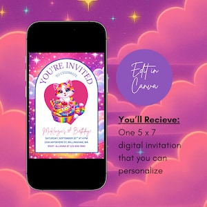 May include: A digital invitation displayed on a smartphone screen. The invitation features a cartoon cat with a cupcake, surrounded by text that reads "You're Invited" and event details. The background is a pink and purple sky.
