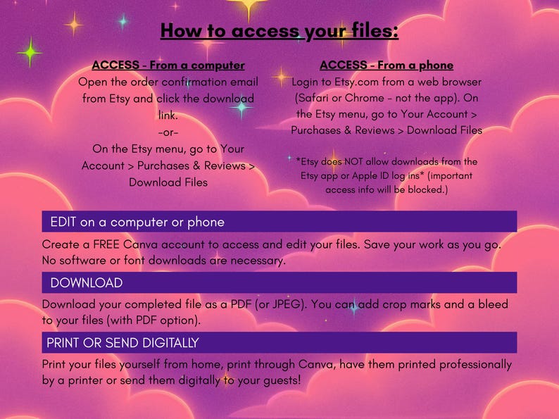 May include: A digital guide on a pink and purple background with instructions on how to access files from Etsy. The guide includes steps for accessing files from a computer or phone, editing, downloading, and printing.