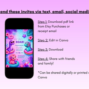 Puede incluir: Un tel&eacute;fono inteligente muestra una colorida invitaci&oacute;n de cumplea&ntilde;os con ilustraciones de dinosaurios. La invitaci&oacute;n incluye el texto "Splash, Splash, ROAR!" e instrucciones para compartir por mensaje de texto, correo electr&oacute;nico y redes sociales.