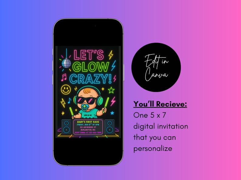 Kids Rave Invite Baby Rave Party Invitation, Baby's First Rave, Rave Birthday Invitation ...
