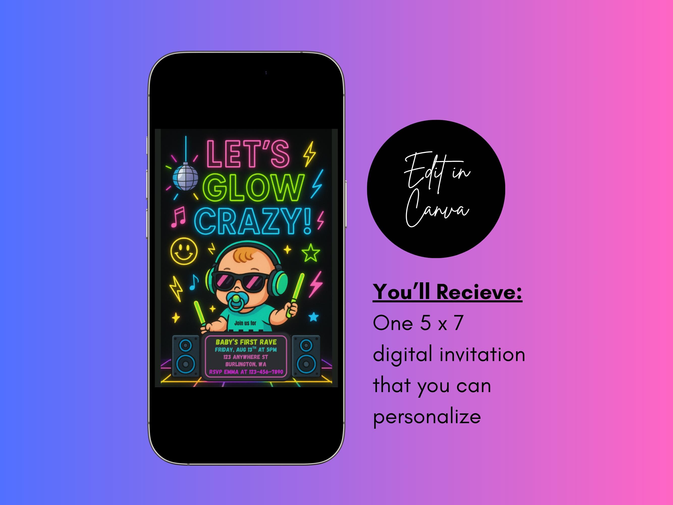 Baby Rave Party Invitation, Baby's First Rave, Rave Birthday Invitation ...