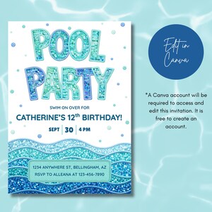 Puede incluir: Una invitación a una fiesta en la piscina en tonos azules y turquesas. Las palabras "POOL PARTY" se muestran de forma destacada, junto con los detalles del 12 cumpleaños de Catherine. La invitación incluye la fecha, la hora y la información de RSVP.