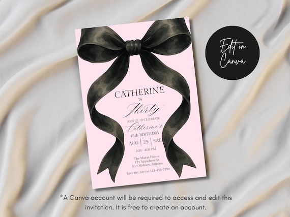 Black and Pink Watercolor Ribbon Invitation, Personalized Pink and Black Bow Birthday Invite, 5x7 Canva Template, Digital Download