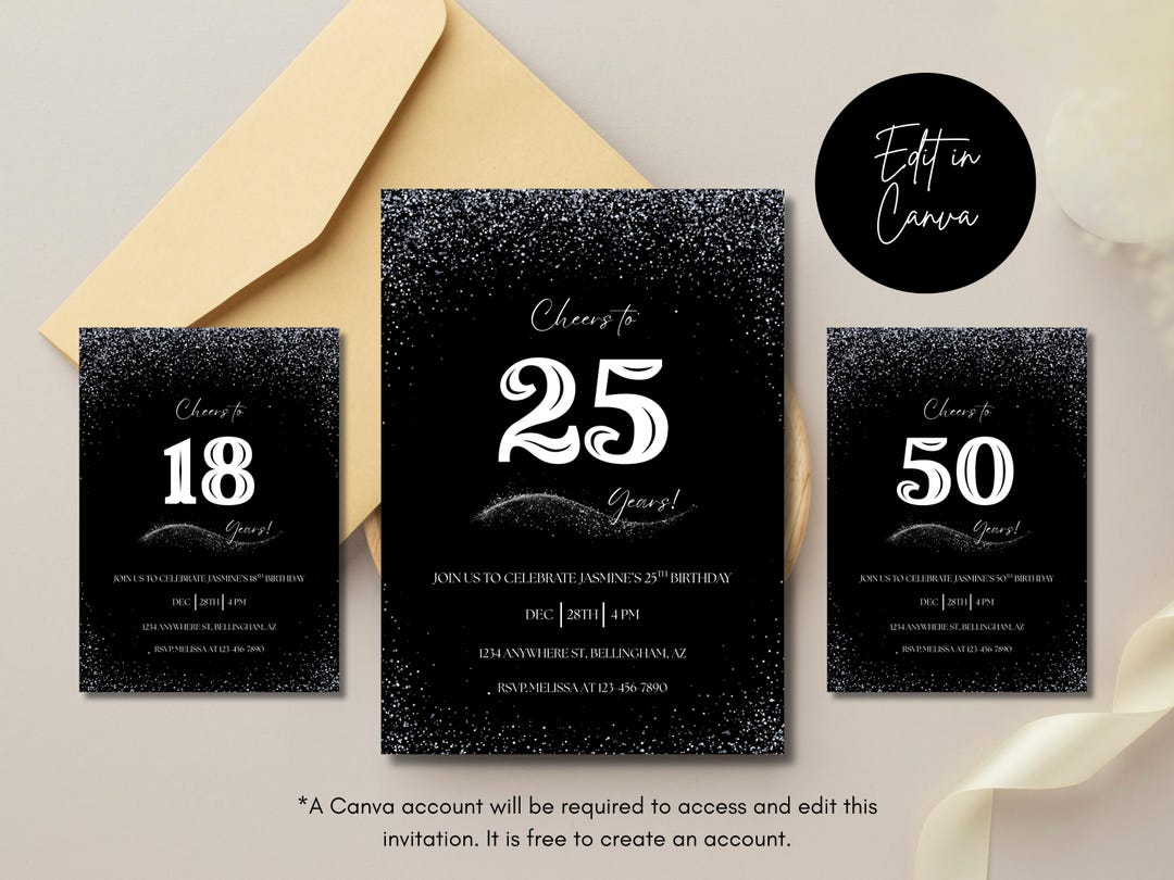 Silver Invite Silver Glitter Invitation, Sparkly Silver Invite for Birthdays ...