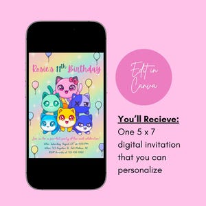 May include: A digital invitation on a smartphone screen for Rosie's 11th birthday, featuring cartoon cat characters in various colors. The invitation includes the text "Rosie's 11th Birthday" and event details. The image also includes a pink circle with the text "Edit in Canva".