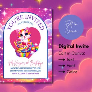 May include: A digital invitation with a colorful cat illustration holding a cupcake. The invitation reads "You're Invited to Celebrate" and includes event details. The text "Edit in Canva" is also present.