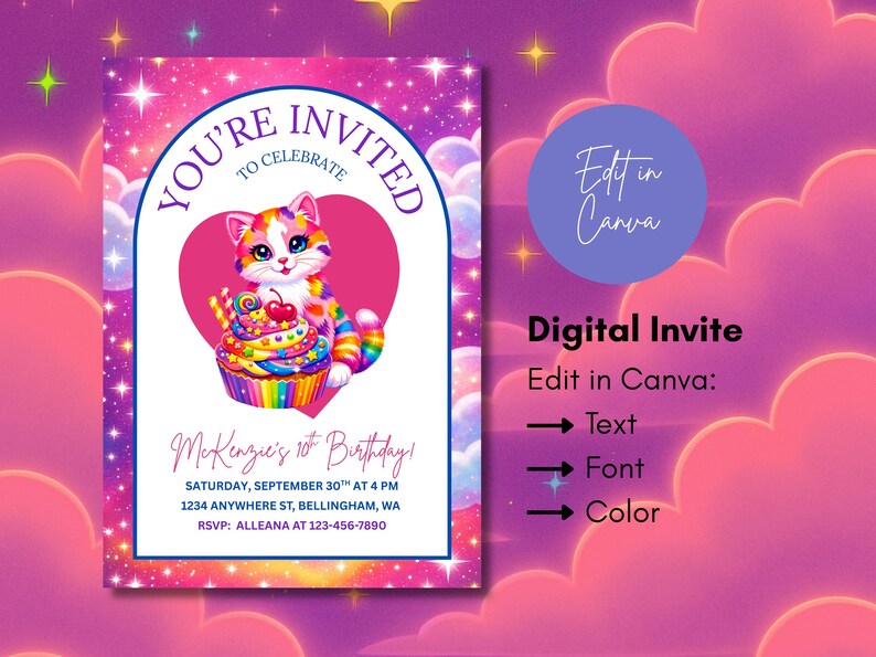 May include: A digital invitation with a colorful cat illustration holding a cupcake. The invitation reads "You're Invited to Celebrate" and includes event details. The text "Edit in Canva" is also present.
