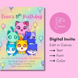 May include: A digital invitation for Rosie's 11th birthday, featuring cartoon cat characters in various colors. The invitation includes text that reads "Rosie's 11th Birthday" and details for the party. The design includes balloons and the option to edit in Canva.