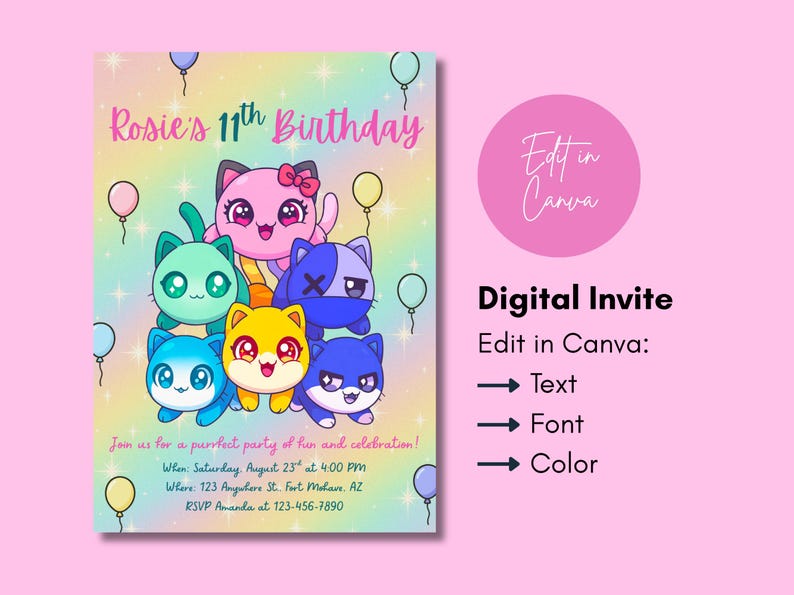 May include: A digital invitation for Rosie's 11th birthday, featuring cartoon cat characters in various colors. The invitation includes text that reads "Rosie's 11th Birthday" and details for the party. The design includes balloons and the option to edit in Canva.