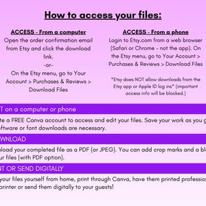 Puede incluir: Una gu&iacute;a digital sobre un fondo rosa y morado, titulada "C&oacute;mo acceder a tus archivos". Se proporcionan instrucciones para acceder a los archivos desde una computadora o tel&eacute;fono, editarlos con Canva, descargarlos como PDF o JPEG e imprimirlos o enviarlos digitalmente.