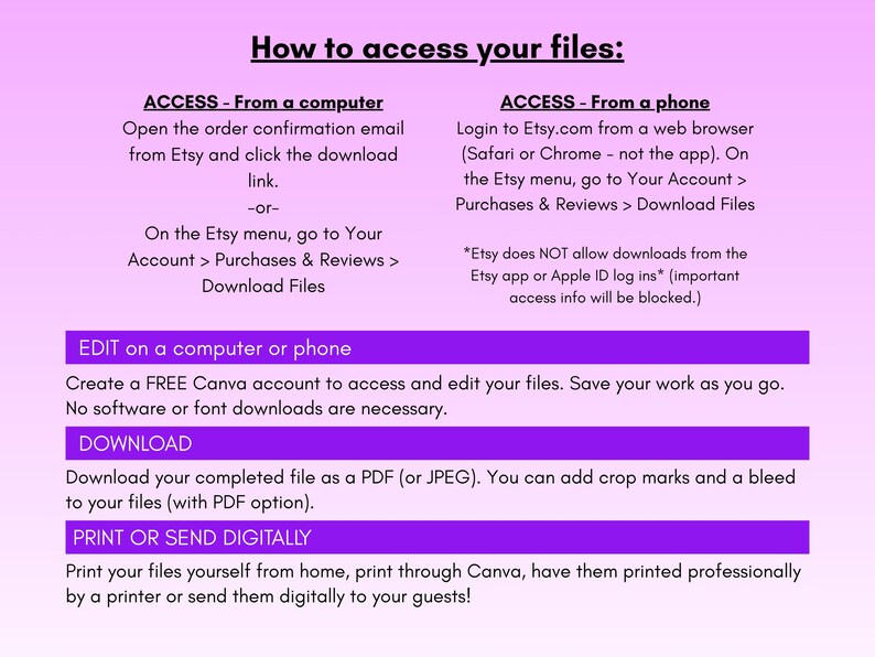Puede incluir: Una gu&iacute;a digital sobre un fondo rosa y morado, titulada "C&oacute;mo acceder a tus archivos". Se proporcionan instrucciones para acceder a los archivos desde una computadora o tel&eacute;fono, editarlos con Canva, descargarlos como PDF o JPEG e imprimirlos o enviarlos digitalmente.