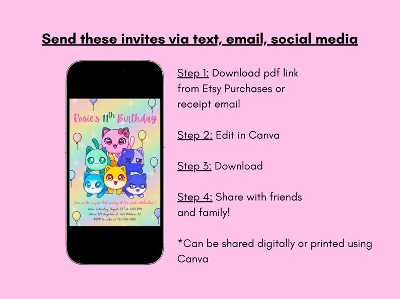 May include: A smartphone displays a birthday invitation with cartoon cat characters and balloons. The invitation reads "Rosie's 11th Birthday." Instructions are provided for downloading, editing in Canva, and sharing the invitation via text, email, or social media.