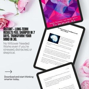 May include: Tablets displaying a book cover with a brain graphic and text "Brain Training and More Ways to Increase IQ." The tablets also show pages with text about neuroscience and brain plasticity. Pink flowers are in the background.