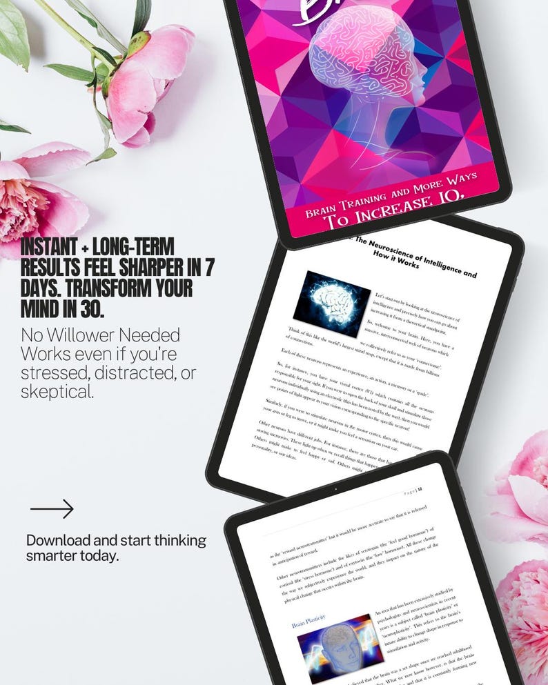 May include: Tablets displaying a book cover with a brain graphic and text "Brain Training and More Ways to Increase IQ." The tablets also show pages with text about neuroscience and brain plasticity. Pink flowers are in the background.